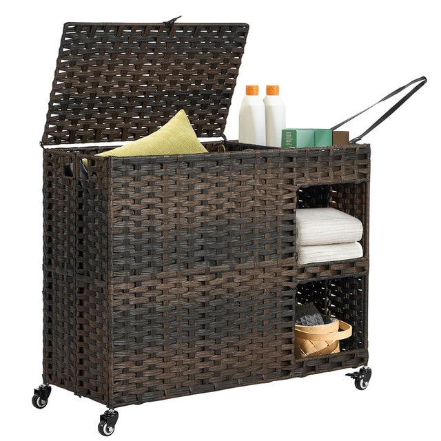 Laundry Hamper with Wheels, 42.3 Gal.(160 L) Laundry Sorter with Shelves, Rattan Clothes Hamper with 4 Removable Liners & 3 Mesh Bags, Handwoven Organizer for bedroom, bathroom, laundry room, Brown
