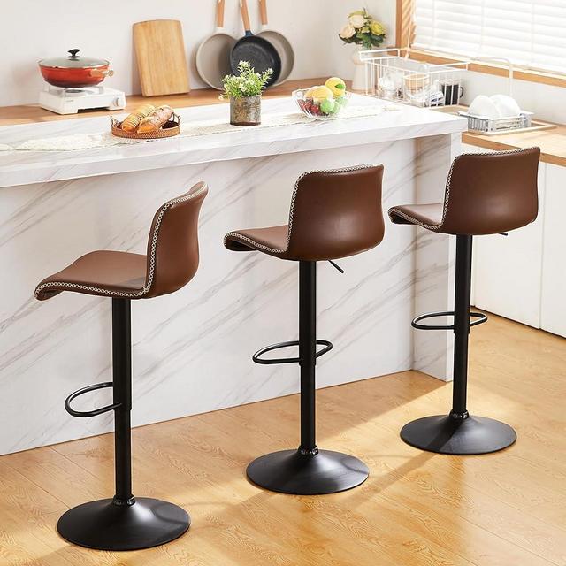 HeuGah Swivel Bar Stools Set of 3, Counter Height Bar Stools with Back, Adjustable Bar Stools 24" to 32", Brown Faux Leather Bar Stools for Kitchen Island (Brown, Set of 3 (24'' to 32''))