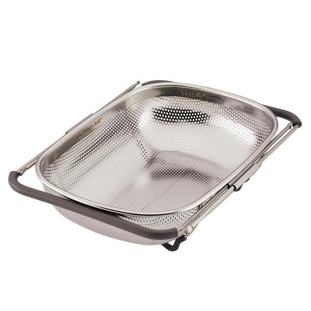 Rachael Ray Tools and Gadgets Over-The-Sink Colander/Strainer for Pasta, Fruits, Veggies, Expandable Silicone Grips, Dishwasher Safe, 4.5 Quart, Stainless Steel with Gray Handles