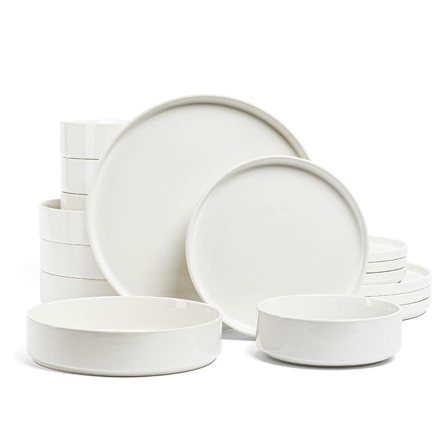 over&back 16-Piece Stackable Dinnerware Dish Set - Stoneware Dishes - Includes 4 Dinner Plates, 4 Salad Plates, 4 Cereal Bowls, and 4 Dinner Bowls - All-Occasion Place Settings - Glossy White