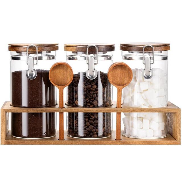 Yangbaga Glass Sugar Coffee Canister with Shelf, 3 x 45OZ Coffee Bean Containers Storage Station Organizer with Airtight Locking Clamp and Log Coffee Scoop, Food Storage Canisters Sets for Kitchen