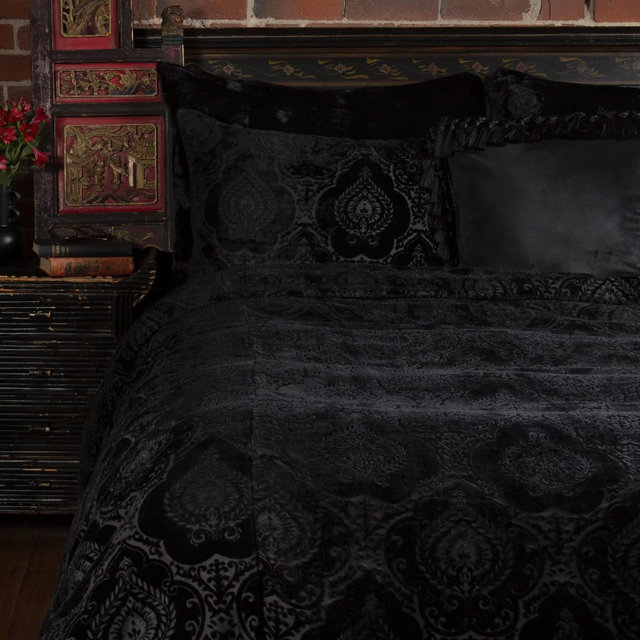 Damask Velvet Duvet Cover Set - Black