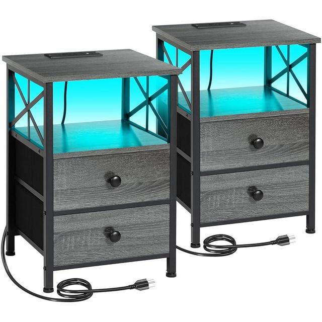 AMHANCIBLE Night Stand Set 2, LED Nightstands for Bedroom Set of 2 with Charging Station, End Table with USB Port and Outlet, Side Table with 2 Storage Drawers for Living Room, Dark Grey HET052LDG