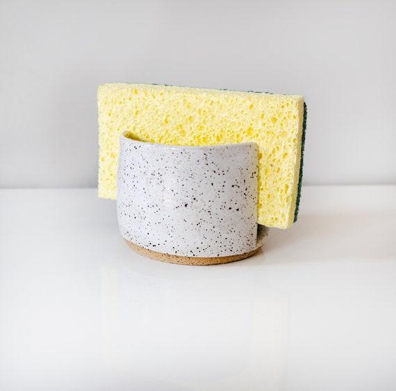 White Speckled Ceramic Sponge Holder, Modern Home Kitchen Sponge Stand, Handmade Pottery, Sponge Keeper, Cylinder