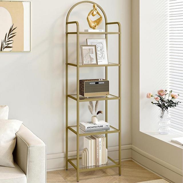 Hzuaneri 5 Tier Bookcase Bookshelf, Tempered Glass Bookshelves, Slim Shelving Unit for Bedroom, Bathroom, Home Office, Steel Frame, Gold BC05001G