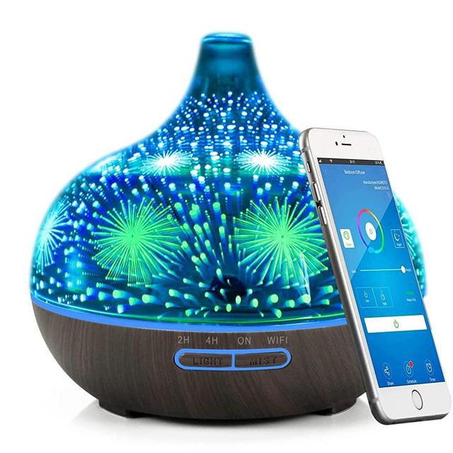 Smart WiFi Essential Oil Diffuser, 400ml Aromatherapy Diffuser 3D Glass Humidifier, Works with App & Alexa/Google Home Voice Control, Create Schedules & 7 Ambient Light, Waterless AUT-Off, Quiet