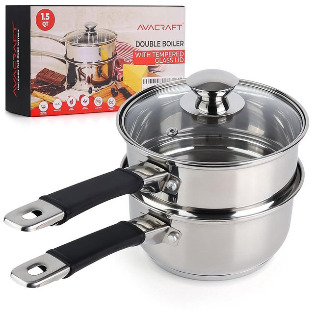 AVACRAFT 18/8 Stainless Steel Double Boiler, 1.5 Quart - Quality Clad Melting Pot for Butter, Chocolate, Cheese, Wax, Sauces - Even Heat, Tempered Glass Lid, Long Handle, Bottom has 5 Layers