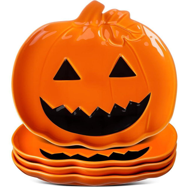 LemonRoad 4 Pcs Halloween Ceramic Pumpkin Candy Dishes 7.87'' Pumpkin Shaped Plates Ceramic Serving Dish Platter for Halloween Autumn Orange Party Supplies Dinnerware