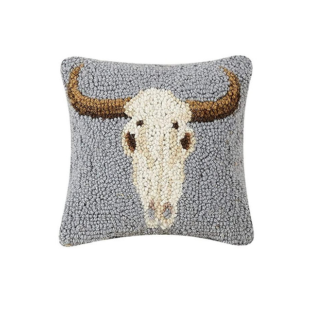 Peking Handicraft 30TG530C08SQ Blown Filled Hook Pillow, 8-inch Square, Wool and Cotton (Cow Skull)
