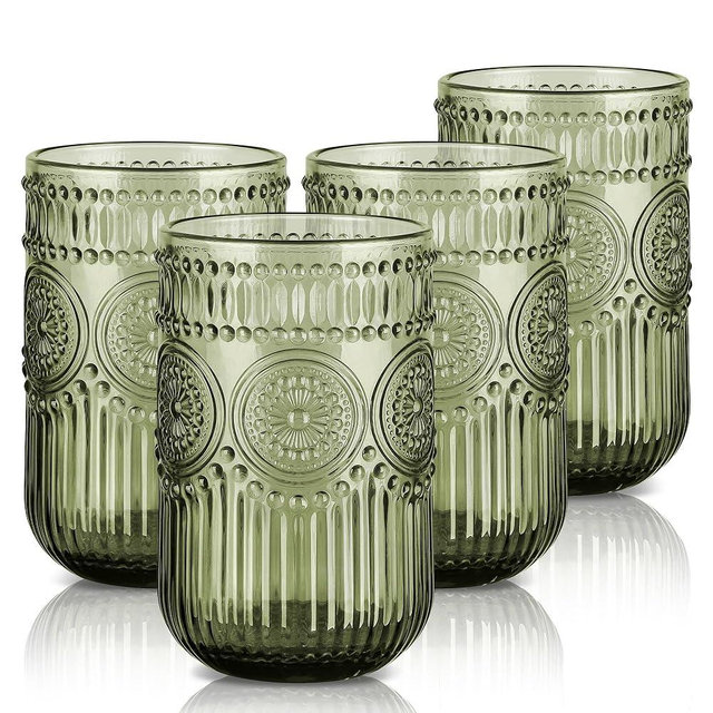 Joeyan Vintage Green Drinking Glasses Set of 4,14 oz Embossed Sunflower Beaded Highball Glass Water Tumbler Cups,Colored Romantic Glassware for Beverages Cocktail Juice Wine,Dishwasher Safe