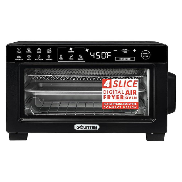 Gourmia Toaster Oven Digital Air Fryer - Convection Mode with 4 Slice Capacity, 3 Rack Positions, 12 Presets, Toast, Bagel, Bake, Roast, Broil, Dehydrate, Popcorn, Fits 9" Pizza, Black