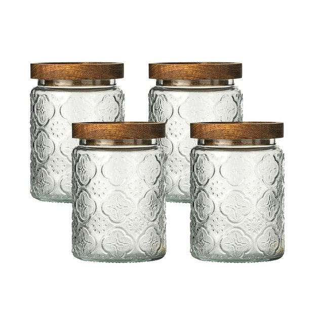 Snminetal Vintage Glass Kitchen Storage Counter Jar, Kitchen and Pantry Glass Storage, with Airtight Wood Lid for Cookies, Candy, Coffee Tea Beans, Grains,Food Storage (plum-pattern*4)