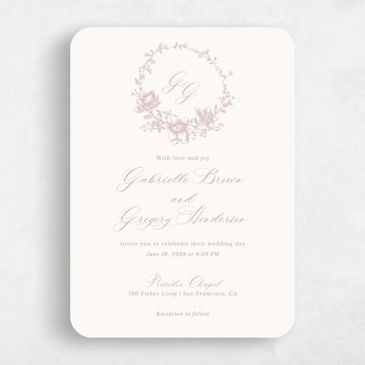 Beige Rounded Wedding Invitation - Magnolia Wreath