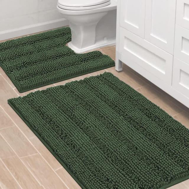Bathroom Rugs Bath Rug Set 2 Piece Bathroom Contour Rug Toilet Mat Sets Non Slip Contour Bath Rug Set Ultra Thick Water Absorbent Striped Bath Mats Washable(36" x 24" Plus 20" x 24" U, Bronze Green)