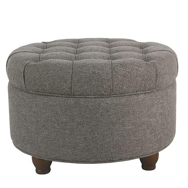 HomePop Large Button Tufted Round Storage Ottoman, Dark Gray
