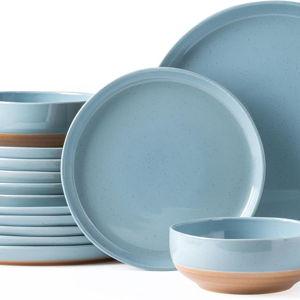 AmorArc Ceramic Dinnerware Sets for 6, 18 Pieces Handpainted Plates and Bowls Set with Rustic Terracotta Underside, Scratch Resistant Stoneware Dishes Set, Dishwasher & Microwave Safe, Stone Blue
