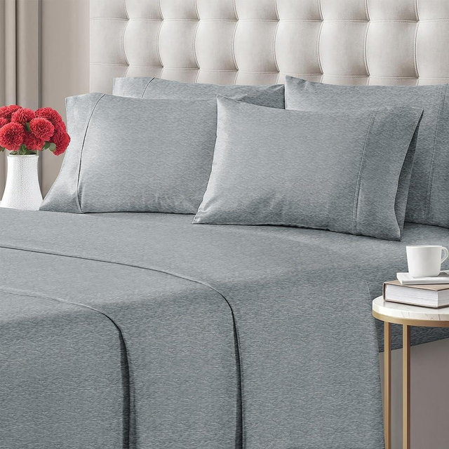 Queen 6 Piece Sheet Set - Breathable & Cooling Bed Sheets - Hotel Luxury Bed Sheets for Women, Men, Kids & Teens - Deep Pocket Bedding w/ Easy Fit - Soft & Wrinkle Free - Queen Heathered Blue Sheets