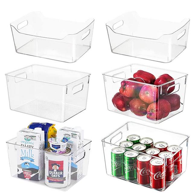 Set of 6 Clear Plastic Organizer Storage Bins, Perfect Kitchen Organization or Pantry Storage - Fridge Organizer, Cabinet Storage Bins for Kitchen, Countertops, Bedrooms, Bathrooms