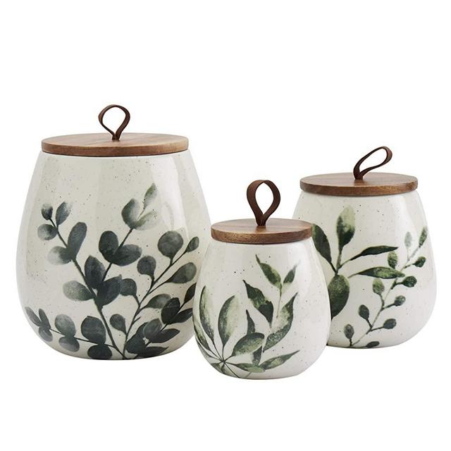Tabletops Gallery Ceramic Canister Collection- Stoneware Designed Embossed Acacia Wood White Set, 3 Piece Green Leaf Canister Set