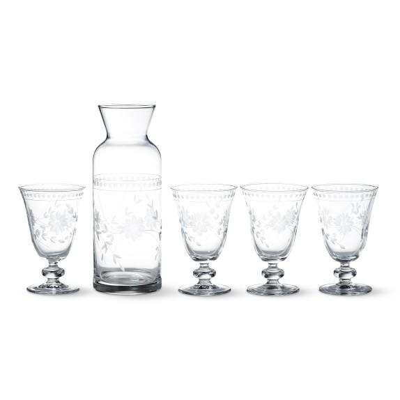 Vintage Etched Carafe & Goblets, Set of 4