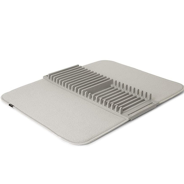Umbra UDRY Rack and Microfiber Dish Drying Mat-Space-Saving Lightweight Design Folds Up for Easy Storage, 24 x 18 inches, Light Grey