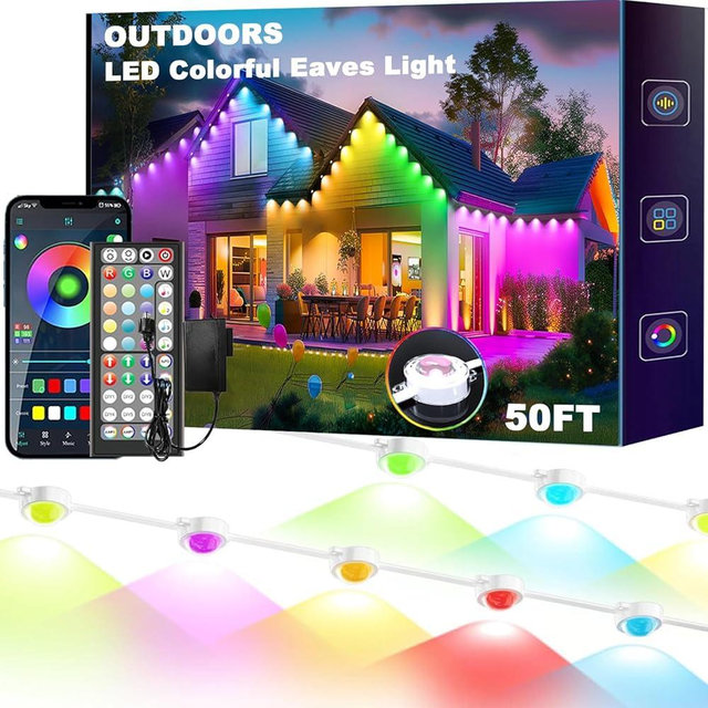 Permanent Outdoor RGB Lights - IP67 Waterproof with Smart App Control Remote, DIY Scene Modes, Music Synchronization, 50FT Eaves Lights for Garden Decor, Deck, Christmas, Party, Party, Halloween,Roof