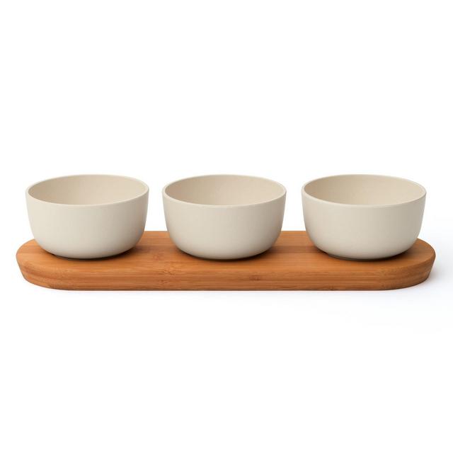 BergHOFF LEO 4Pc Bowl Set And Bamboo Tray, 0.29qt. Each, White