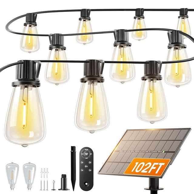 addlon 102FT(96+6) Solar String Lights Outdoor Waterproof - 30+2 LED Shatterproof Bulbs, 3 Modes, 8H Timeable & Dimmable, Patio Solar Powered Hanging Lights with Remote for Garden Backyard Camping