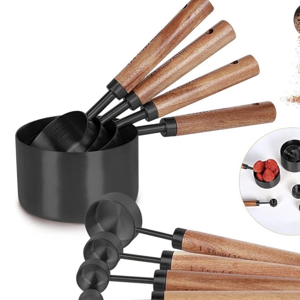 Collection 8 Piece Black Measuring Cups Set and Measuring Spoons, Golden With fragrant wood Handles-Complete Set of Measure Cups and Spoons For Cooking and Baking.