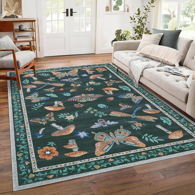 ROYHOME Washable Rug 5x7 Area Rugs for Living Room, Mushroom Insect Rug for Bedroom, 5x7 Rug Non Slip Throw Rugs with Rubber Back, Low Pile Stain Resistant Modern Carpet for Dining Room Dorm,Black
