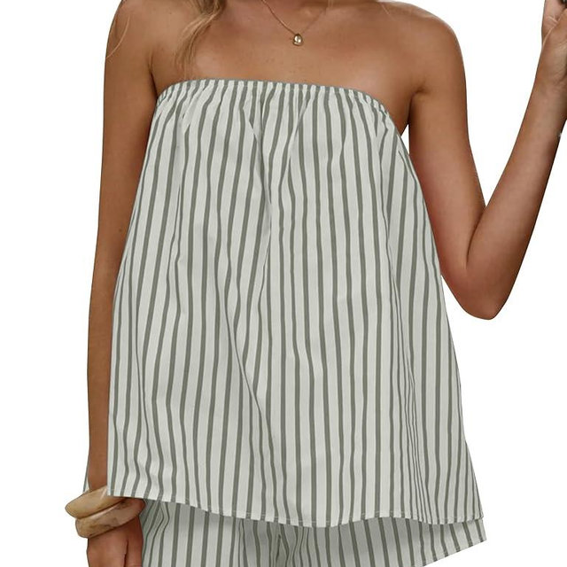 JEIBKOUY Women 2 Piece Matching Sets Striped Tube Tops Shorts Set Summer Vacation Outfits Y2K Going Out Top