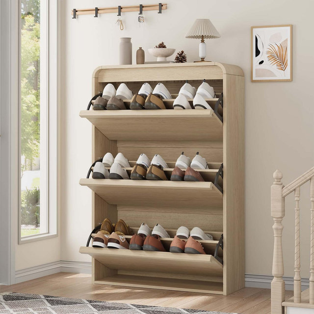 Garvee Shoe Cabinet with 3 Flip Drawers, Wooden Shoe Organizer Cabinet with Adjustable Shelf, Shoe Storage, Hidden Shoe Cabinet for Entryway