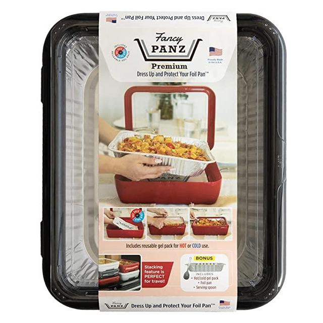 Fancy Panz Premium Dress Up & Protect Your Foil Pan, Made in USA. Hot/Cold Gel Pack, One Half Sized Foil Pan & Serving Spoon Included. Stackable for easy travel. BPA free (Charcoal)