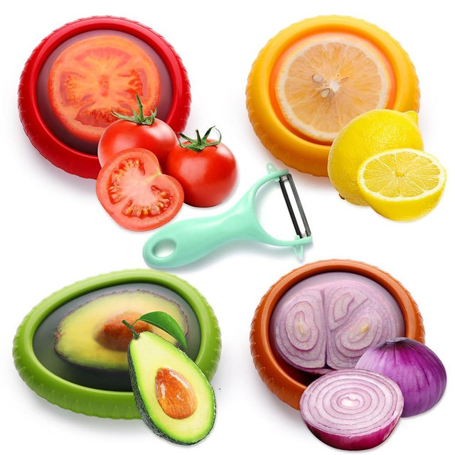 Zyphora Avocado Saver & Produce Storage Containers - Set of 4 Reusable Silicone Food Savers for Fruits, Vegetables, Garlic, Onions & Lemons - FreshPod Preservation, Includes Fruit Peeler
