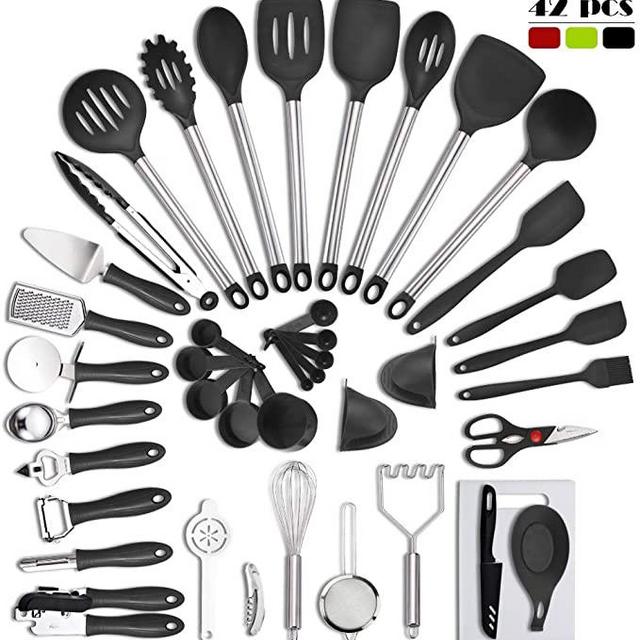 VEICA,kithcen Utensil set 42 Cooking Utensils set Nylon and Stainless Steel Utensils Set Kitchen Tool Set,Baking Set Kitchen Set Spatula Set Kitchen Gadgets Kitchen Tools Kitchen Accessories Black