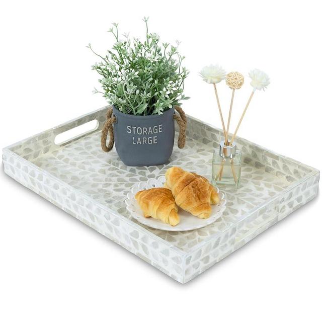 CLAYNIX Serving Tray 15.7" X11.8", Lacquer Mother of Pearl Inlay Mosaic Tray, Rectangle Wooden Marble Tray with Handles Trays for Tea, Breakfast in Bed, Table (White)