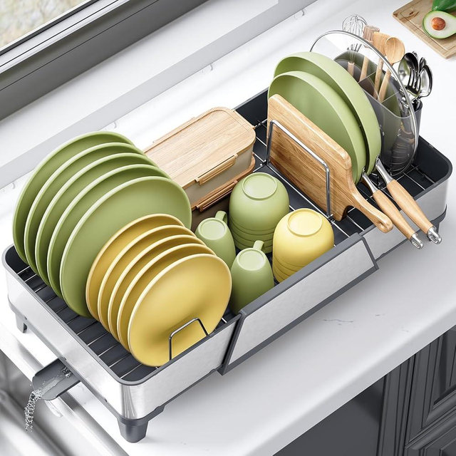 Triple Expandable Dish Drying Rack, Extra Large Dish Rack for Kitchen Counter, Stainless Steel Dish Drying Rack, Foldable Dishes Drainer, Extendable Dish Strainer with Utensil & Pans Holder, Gray