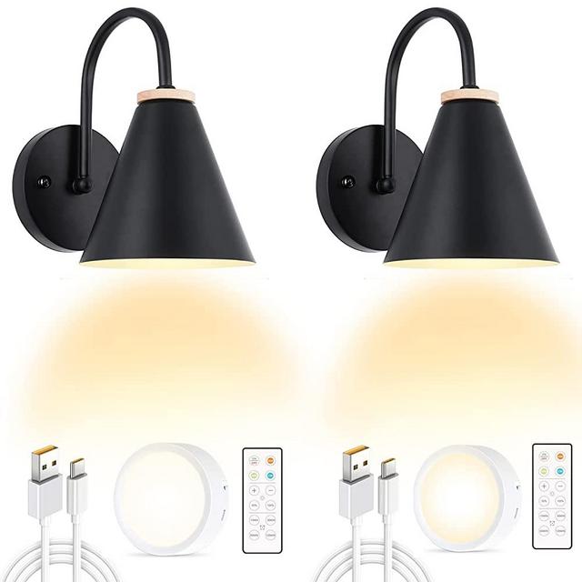 Battery Operated Black Industrial Wall Sconce Set of 2, Easy to Install Not Wires, USB Rechargeable Battery with Remote Control Led Light, Dimmable Wall Lamp Fixtures for Bedroom Farmhouse Gallery RV