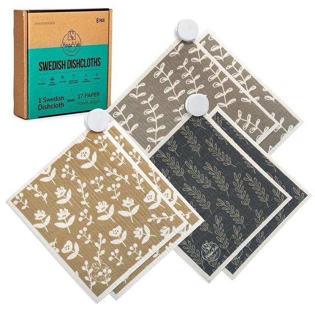 Harps&Seb Reusable Swedish Dishcloths for Kitchen – Super Absorbent Washable Swedish Dish Towels with Convenient Hanging Clips – Odorless Non Scratch Cellulose & Cotton Dish Cloth Set – 6 Pack