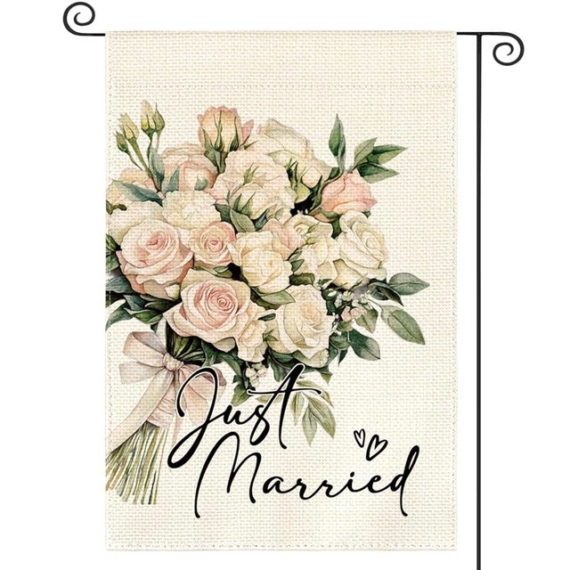 AVOIN colorlife Just Married Wedding Garden Flag 12x18 Inch Double Sided Outside, Floral Marriage Welcome Romantic Yard Outdoor Decoration