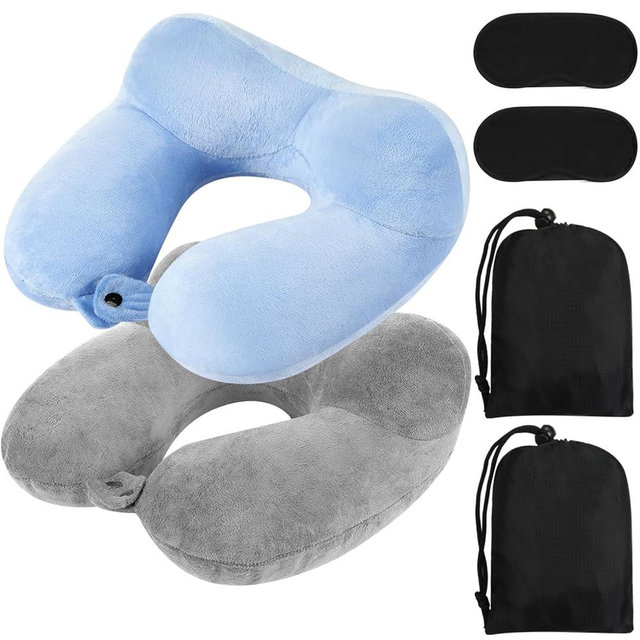 Sintuff 2 Pack Inflatable Travel Pillow for Airplanes Inflatable Neck Pillows with Compact Bag and Blindfold Soft Flight Pillow for Traveling, Airplane, Train, Car, Office(Light Gray and Sky Blue)