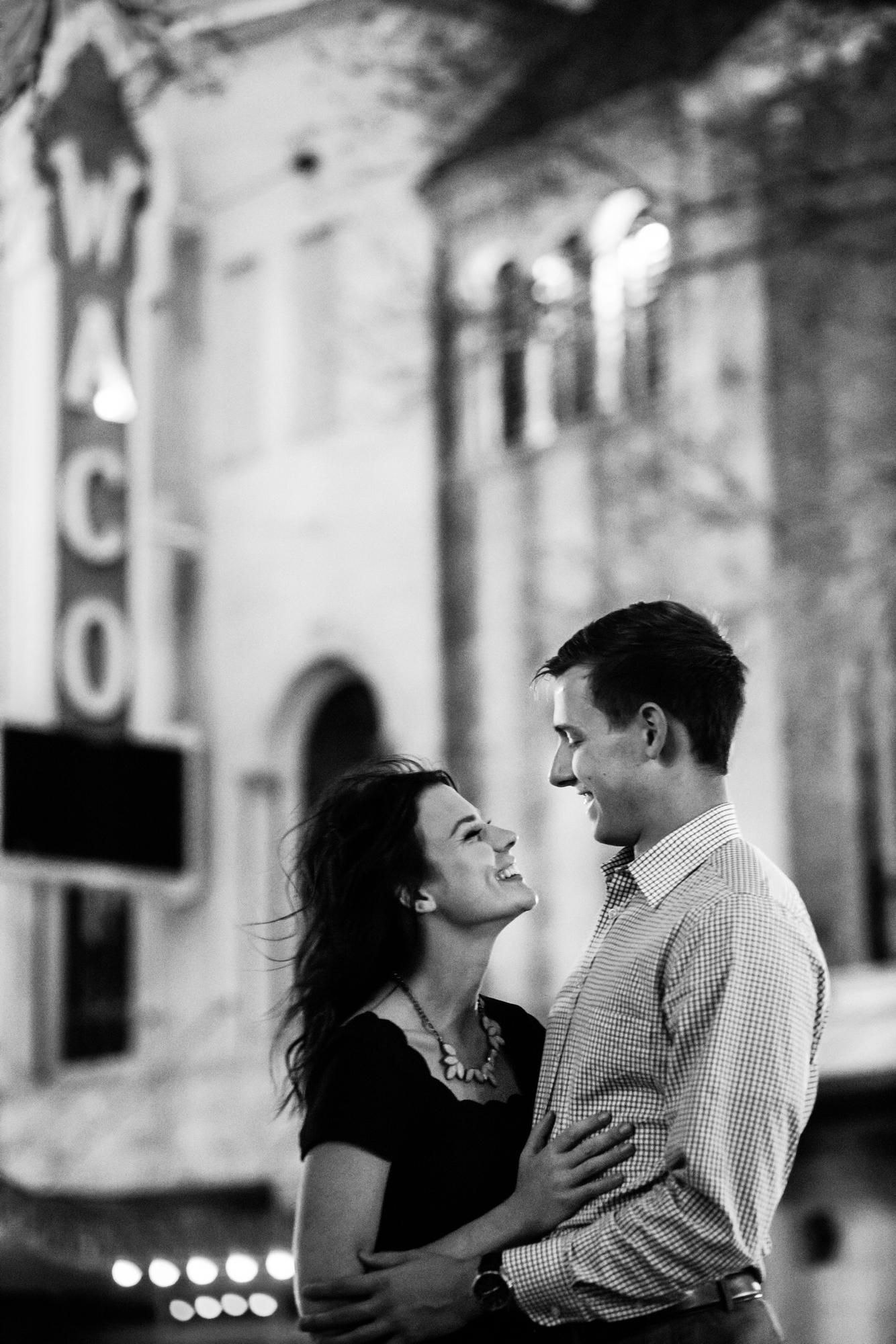 One of our engagement photos taken in downtown Waco right across from the Palladium (our reception venue)!