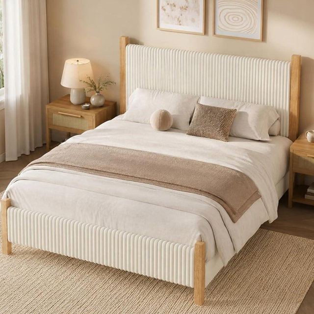 HOMBCK Queen Bed Frame with Headboard, Corduroy Upholstered Bed Frame Queen Wood, No Box Spring Needed, 4 Solid Wood Support, Noise-Free, Easy Assembly for Couples, Master Bedrooms, Beige