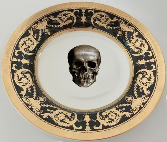Foodsafe, Dishwasher Safe - Gorgeous Raised Gold Skull Plate, Dinner or Salad Size, Black and Gold