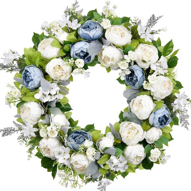 Spring Wreath, 22 Inch Front Door Wreath Handmade Blue Peony Rose Summer Wreath for Outdoor Front Door, Wall and Window Decor