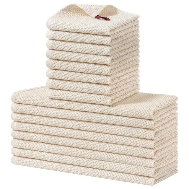 Homaxy 100% Cotton Kitchen Towels and Dishcloths Set, 12 x 12 Inches and 13 x 28 Inches, Set of 16 Bulk Kitchen Towels Set, Ultra Soft Absorbent Dish Cloths for Washing Dishes, Beige