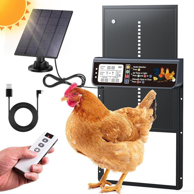 NyPots Automatic Chicken Coop Door Solar Powered with Timer & Light Sensor | Automatic Chicken Door with LCD Display, Solar Chicken Coop Door with Remote Control, Anti-Pinch Function & Made of Al-Alloy