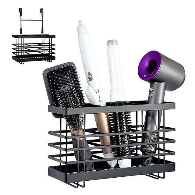 Sunlit 3 in 1 Wall Mount/Countertop/Over Cabinet Door Metal Wire Hair Product & Styling Tool Organizer Storage Basket Holder for Hair Dryer, Brushes, Flat Iron, Curling Wand, Hair Straightener Black