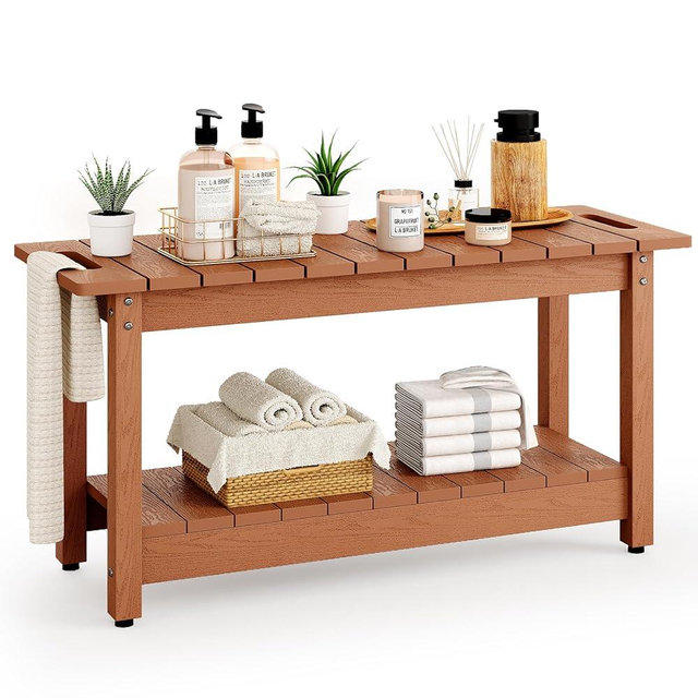 LAHAAP 35" Shower Bench, Waterproof Poly Lumber Shower Stool for Shaving Legs, Shower Chair Seat Holds up to 400lbs, Bathroom Bench for Inside Shower, Non-Slip (Brown)