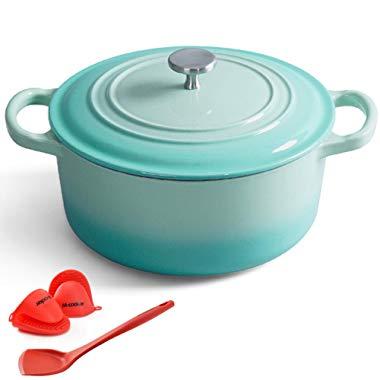 M-cooker 4.5 Quart Enameled Dutch Oven with Self Basting Lid Household Cast Iron Soup Pot Non-stick Enamel Pot with Silicone Gloves and Anti-hot Silicone Shovel (Mint Blue)